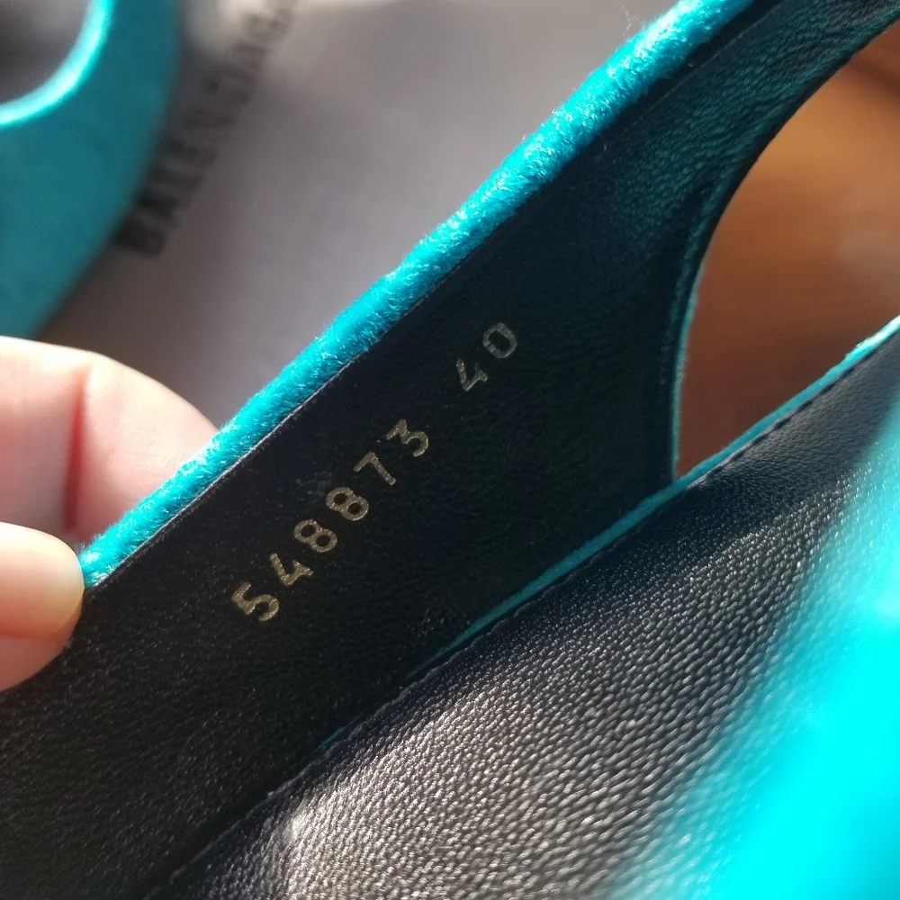 Balenciaga Teal Velvet Slingback Flats with Gold BB Logo - Picture 5 of 17